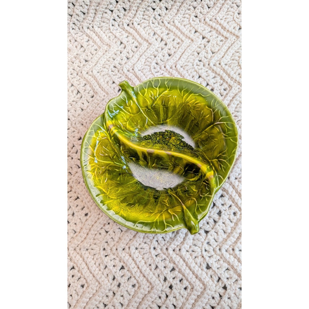 Vintage USA Pottery Green Cabbage Leaf Divided Serving Dish Bowl Majolica Style